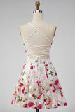 Pink Red Floral A-Line Spaghetti Straps Short Cocktail Dress