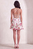Pink Red Floral A-Line Spaghetti Straps Short Cocktail Dress