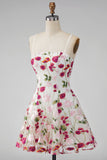 Pink Red Floral A-Line Spaghetti Straps Short Cocktail Dress