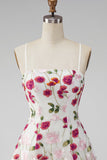 Pink Red Floral A-Line Spaghetti Straps Short Cocktail Dress