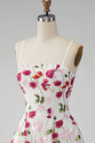 Pink Red Floral A-Line Spaghetti Straps Short Cocktail Dress
