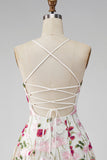 Pink Red Floral A-Line Spaghetti Straps Short Cocktail Dress