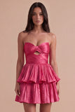 Fuchsia Strapless Ruffled A Line Short Cocktail Dress