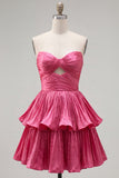 Fuchsia Strapless Ruffled A Line Short Cocktail Dress