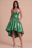 Dark Green Sparkly Metallic Sweetheart High-Low Cocktail Dress with Pockets