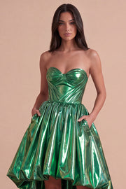 Dark Green Sparkly Metallic Sweetheart High-Low Cocktail Dress with Pockets