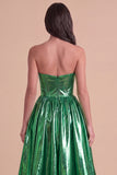 Dark Green Sparkly Metallic Sweetheart High-Low Cocktail Dress with Pockets