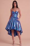 Dark Green Sparkly Metallic Sweetheart High-Low Cocktail Dress with Pockets