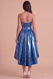 Dark Green Sparkly Metallic Sweetheart High-Low Cocktail Dress with Pockets