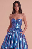 Dark Green Sparkly Metallic Sweetheart High-Low Cocktail Dress with Pockets