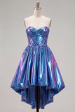Dark Green Sparkly Metallic Sweetheart High-Low Cocktail Dress with Pockets