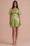 Green Sparkly Metallic Square Neck A Line Short Cocktail Dress