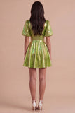 Green Sparkly Metallic Square Neck A Line Short Cocktail Dress
