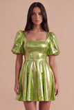 Green Sparkly Metallic Square Neck A Line Short Cocktail Dress