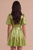 Green Sparkly Metallic Square Neck A Line Short Cocktail Dress