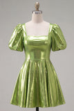 Green Sparkly Metallic Square Neck A Line Short Cocktail Dress