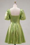 Green Sparkly Metallic Square Neck A Line Short Cocktail Dress