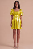 Green Sparkly Metallic Square Neck A Line Short Cocktail Dress