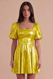 Green Sparkly Metallic Square Neck A Line Short Cocktail Dress