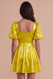Green Sparkly Metallic Square Neck A Line Short Cocktail Dress