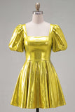Green Sparkly Metallic Square Neck A Line Short Cocktail Dress