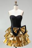 Sparkly Black Golden Metallic Corset Sweetheart Short Cocktail Dress