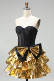 Sparkly Black Golden Metallic Corset Sweetheart Short Cocktail Dress