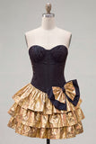 Sparkly Black Golden Metallic Corset Sweetheart Short Cocktail Dress