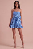 Blue Ruffled Strapless A Line Short Cocktail Dress with Bow