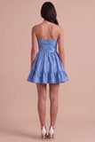 Blue Ruffled Strapless A Line Short Cocktail Dress with Bow