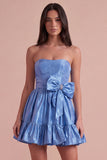 Blue Ruffled Strapless A Line Short Cocktail Dress with Bow