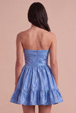 Blue Ruffled Strapless A Line Short Cocktail Dress with Bow