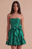 Blue Ruffled Strapless A Line Short Cocktail Dress with Bow