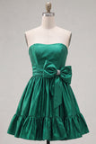 Blue Ruffled Strapless A Line Short Cocktail Dress with Bow