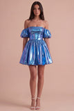 Sparkly Metallic Blue Off the Shoulder A Line Short Cocktail Dress