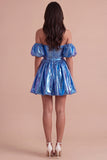 Sparkly Metallic Blue Off the Shoulder A Line Short Cocktail Dress