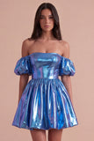 Sparkly Metallic Blue Off the Shoulder A Line Short Cocktail Dress