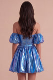 Sparkly Metallic Blue Off the Shoulder A Line Short Cocktail Dress