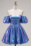 Sparkly Metallic Blue Off the Shoulder A Line Short Cocktail Dress
