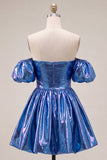 Sparkly Metallic Blue Off the Shoulder A Line Short Cocktail Dress