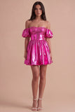 Sparkly Metallic Blue Off the Shoulder A Line Short Cocktail Dress