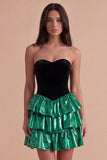 Black Green Sparkly Metallic Sweetheart Short Cocktail Dress