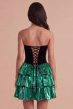 Black Green Sparkly Metallic Sweetheart Short Cocktail Dress