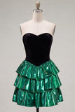 Black Green Sparkly Metallic Sweetheart Short Cocktail Dress