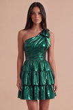 Sparkly Metallic Fuchsia One Shoulder A Line Short Cocktail Dress