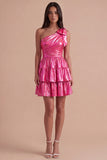 Sparkly Metallic Fuchsia One Shoulder A Line Short Cocktail Dress
