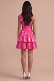Sparkly Metallic Fuchsia One Shoulder A Line Short Cocktail Dress