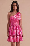 Sparkly Metallic Fuchsia One Shoulder A Line Short Cocktail Dress