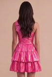 Sparkly Metallic Fuchsia One Shoulder A Line Short Cocktail Dress