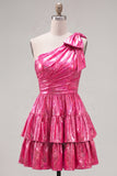 Sparkly Metallic Fuchsia One Shoulder A Line Short Cocktail Dress